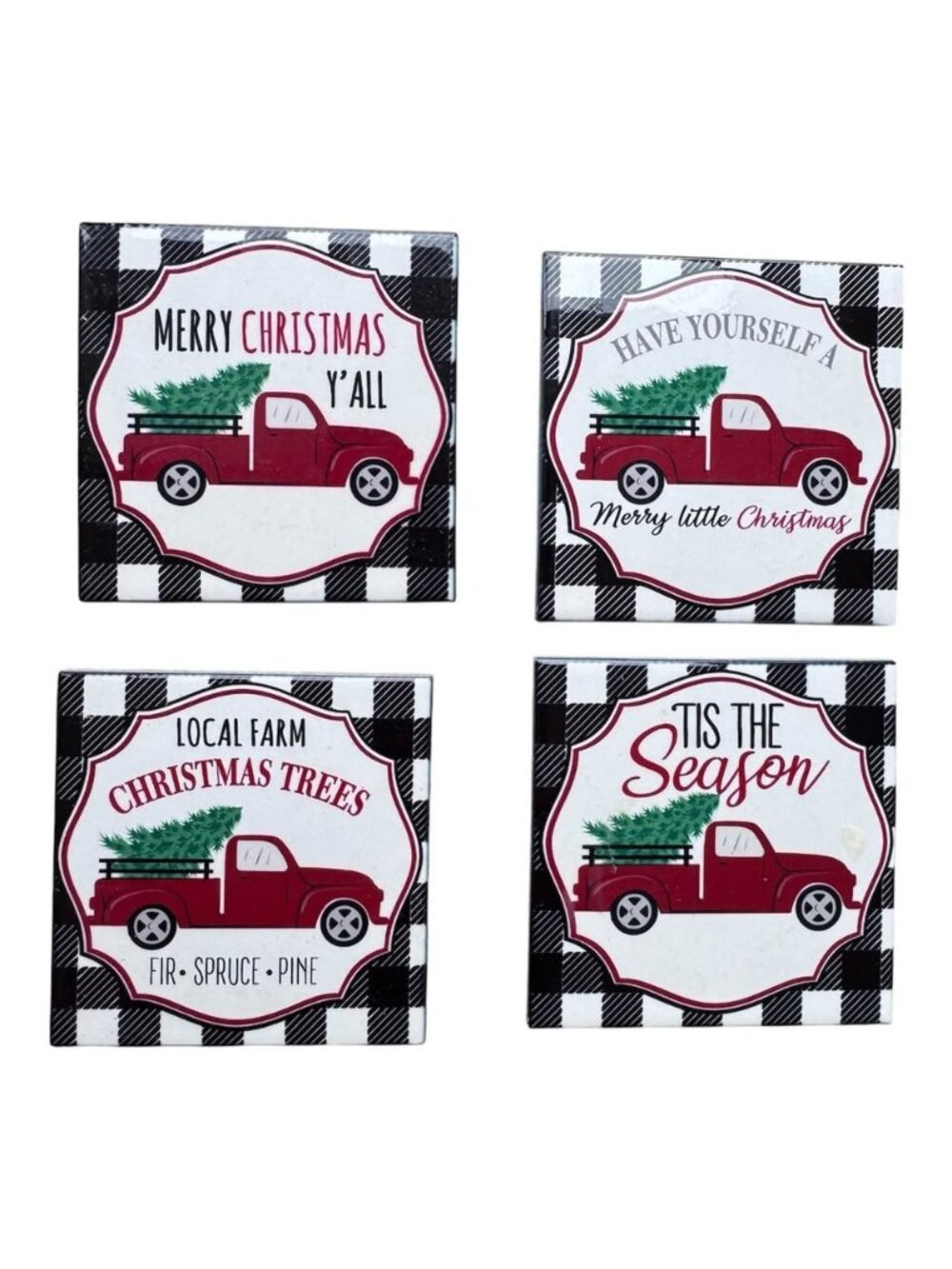 Set of 4 Glass Christmas Coasters Red Truck Christmas Tree Buffalo Plaid